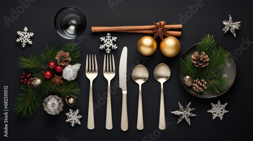  a christmas table setting with silverware, silverware, pine cones, silverware, silverware spoons, silverware, silverware, and christmas decorations.