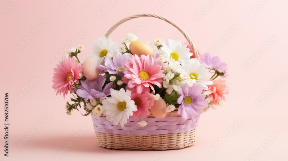 Easter basket filled with eggs andfluttering butterflies, set against a light pink background
