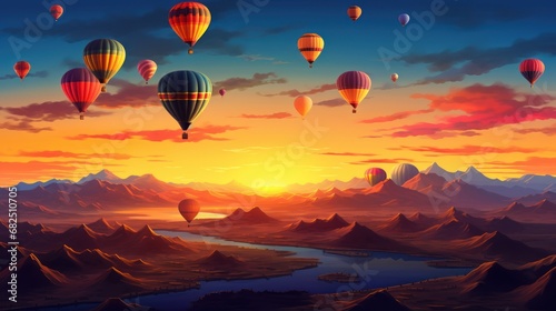  a painting of hot air balloons flying in the sky over a mountain range at sunset with a body of water in the foreground and mountains in the foreground.