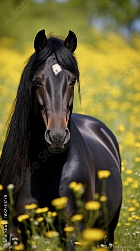 A striking black horse with glossy coat and piercing eyes, standing in a field of wildflowers