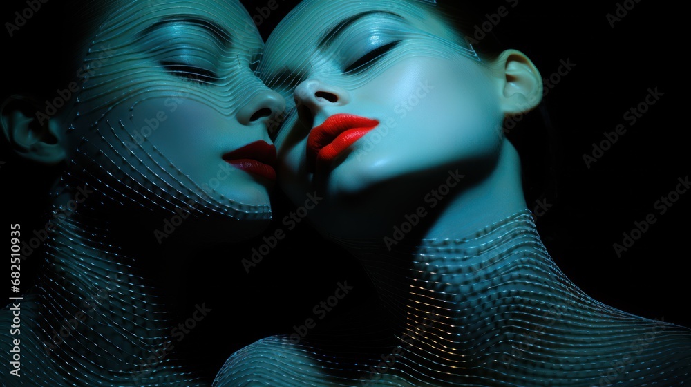  a couple of women kissing each other with their faces covered by a plastic covering of wavy lines on a black background with a red lip in the foreground of the image.