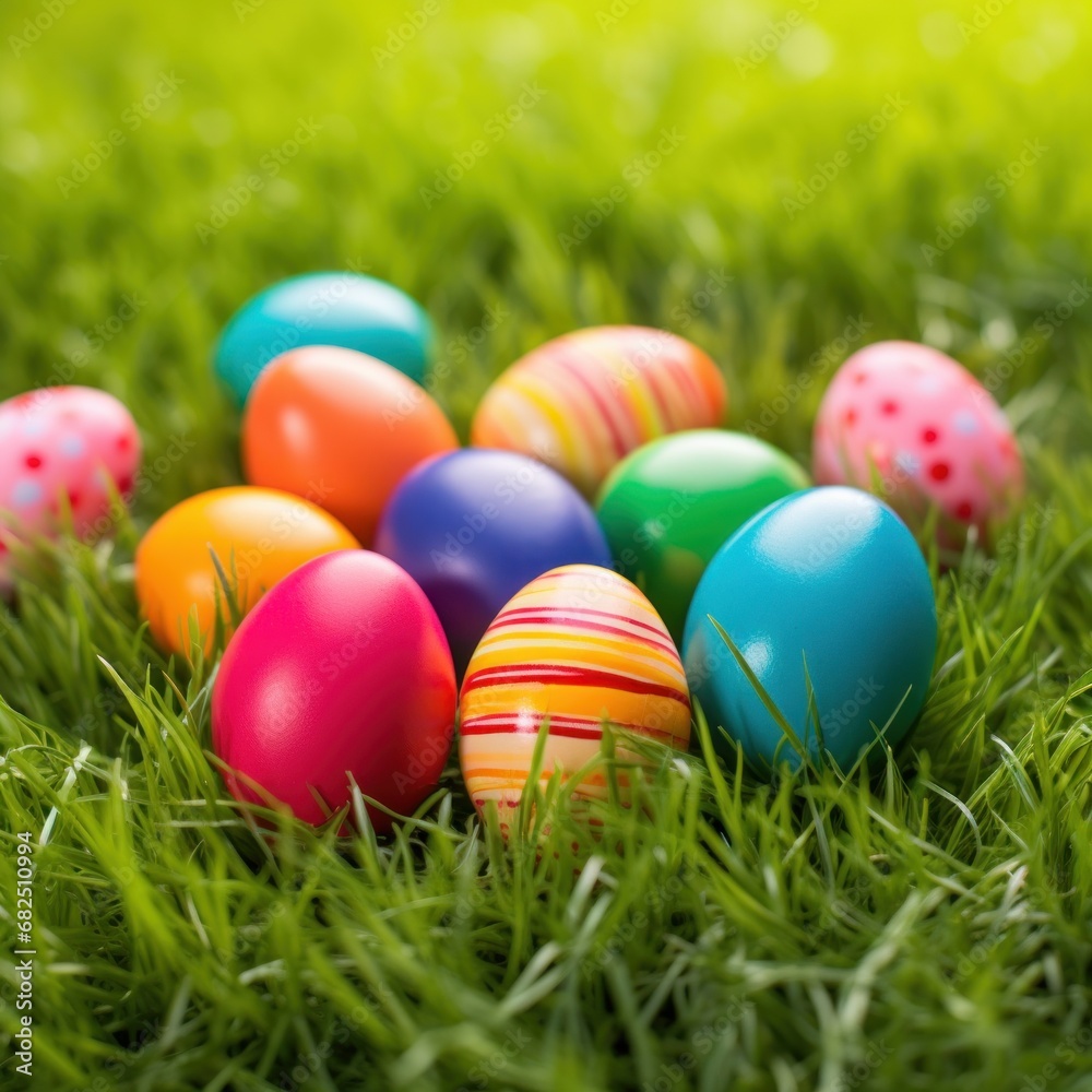 A vibrant green grass background with colorful Easter eggs scattered throughout A vibrant green grass background with colorful Easter eggs scattered throughout