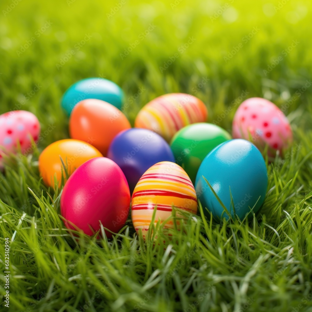 A vibrant green grass background with colorful Easter eggs scattered throughout