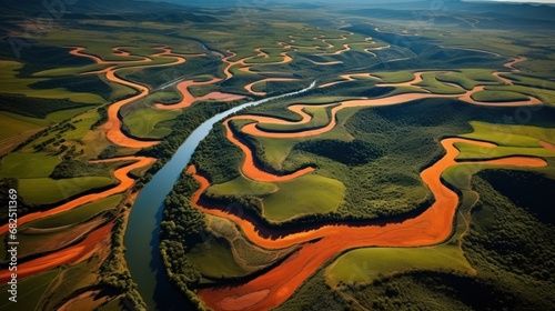  an aerial view of a river running through a lush green field next to a lush green field with a river running through the center of the land, and a river running through the center of the.