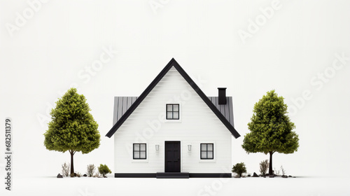 3d render of a small house with a black roof on a white background. Generative AI technology.