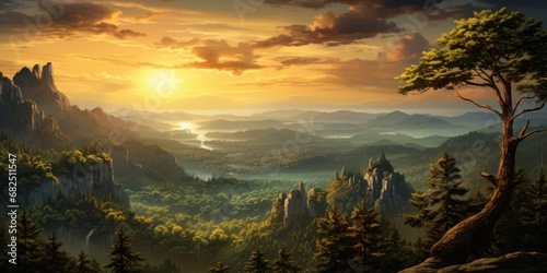  a painting of a sunset over a valley with mountains and trees in the foreground and a sunset over a valley with mountains and trees on the far side of the horizon.