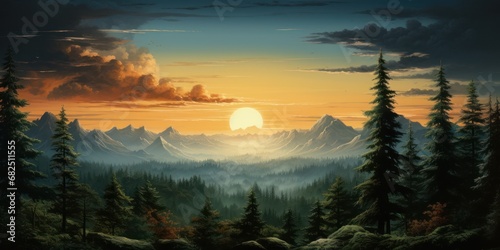  a painting of the sun setting over a mountain range with pine trees in the foreground and a mountain range in the background with pine trees in the foreground.