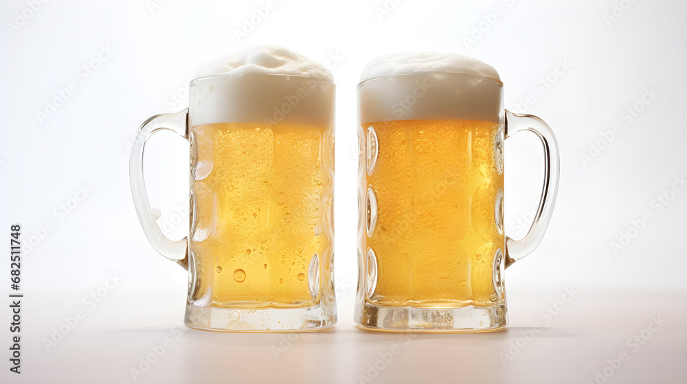 Two beer mugs being attached to each other. The glasses ( Mass of beer ) are typical for the Octoberfest in Munich on white background