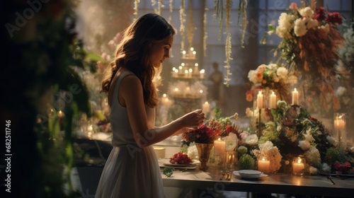  a woman in a white dress standing in front of a table with flowers and candles on it and a man in a suit and tie standing next to the table.