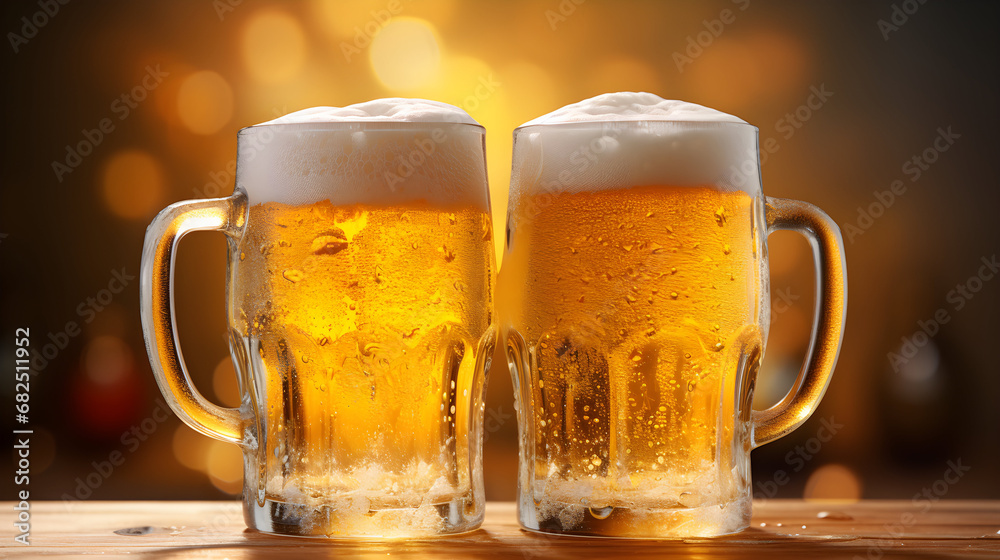 Two beer mugs being attached to each other. The glasses ( Mass of beer ) are typical for the Octoberfest in Munich Two beer mugs being attached to each other. The glasses ( Mass of beer ) are typical for the Octoberfest in Munich