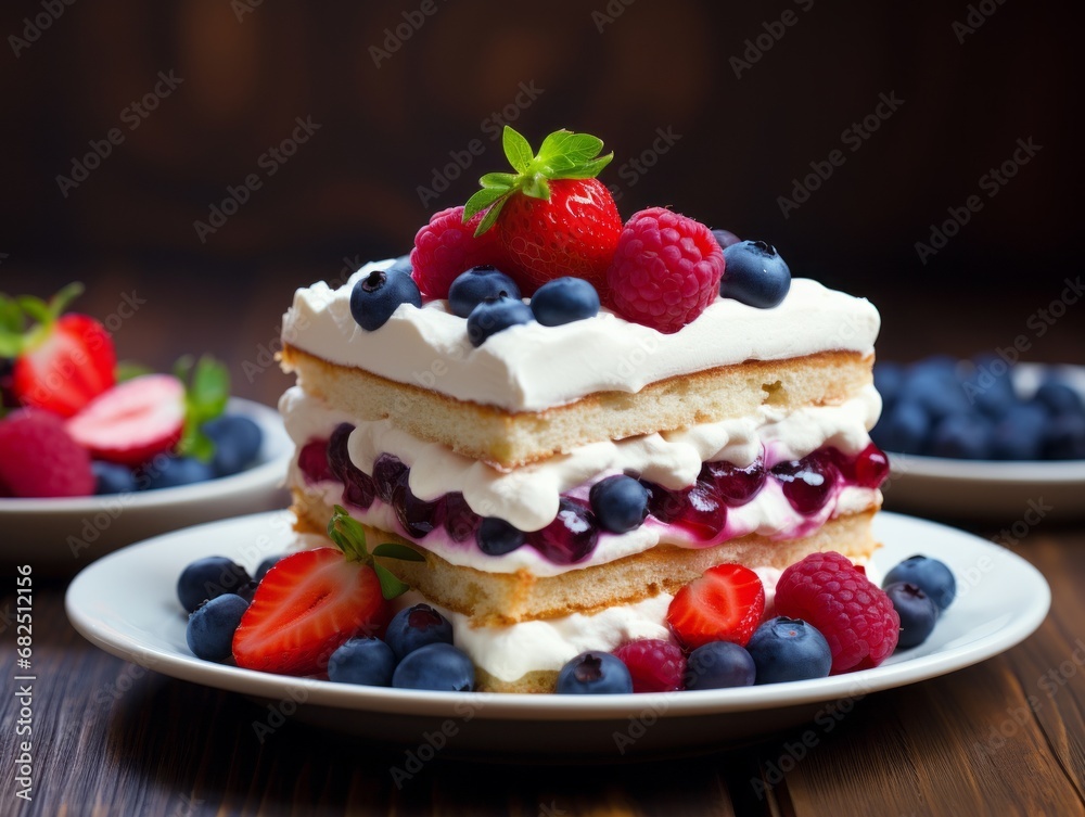 Homemade blueberry cake with whipped cream and fresh berries on wooden background Homemade blueberry cake with whipped cream and fresh berries on wooden background