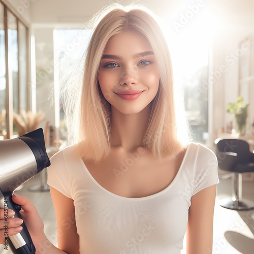 A blonde stands in a bright room and holds a hair dryer in her hands