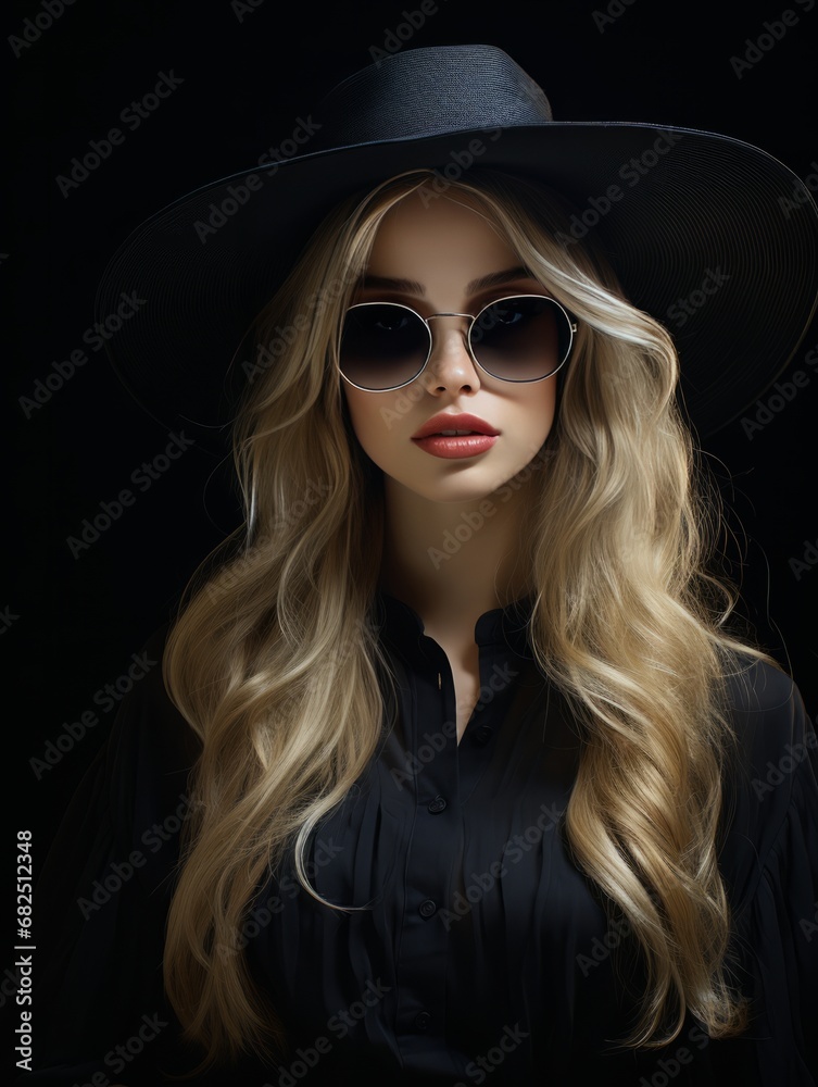 portrait of a beautiful girl in a hat and sunglasses on a black background portrait of a beautiful girl in a hat and sunglasses on a black background