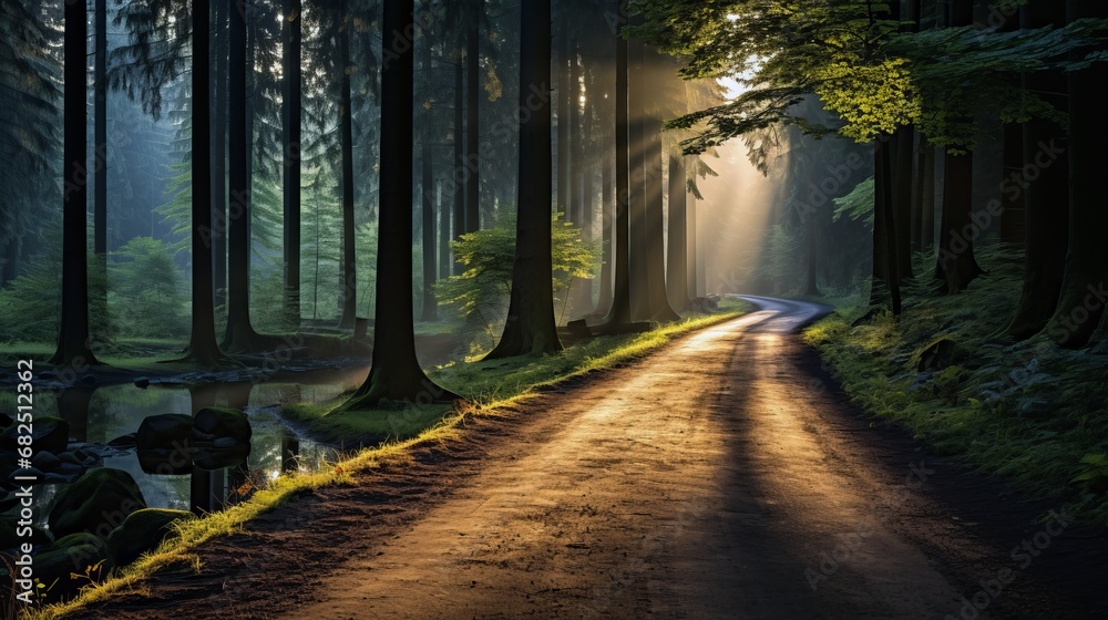 Fototapeta premium Asphalt road in the green forest with sunbeams and lens flare
