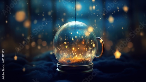  a snow globe sitting on top of a table in the middle of a dark room with stars coming out of the top of the globe and a string of the top of the globe.