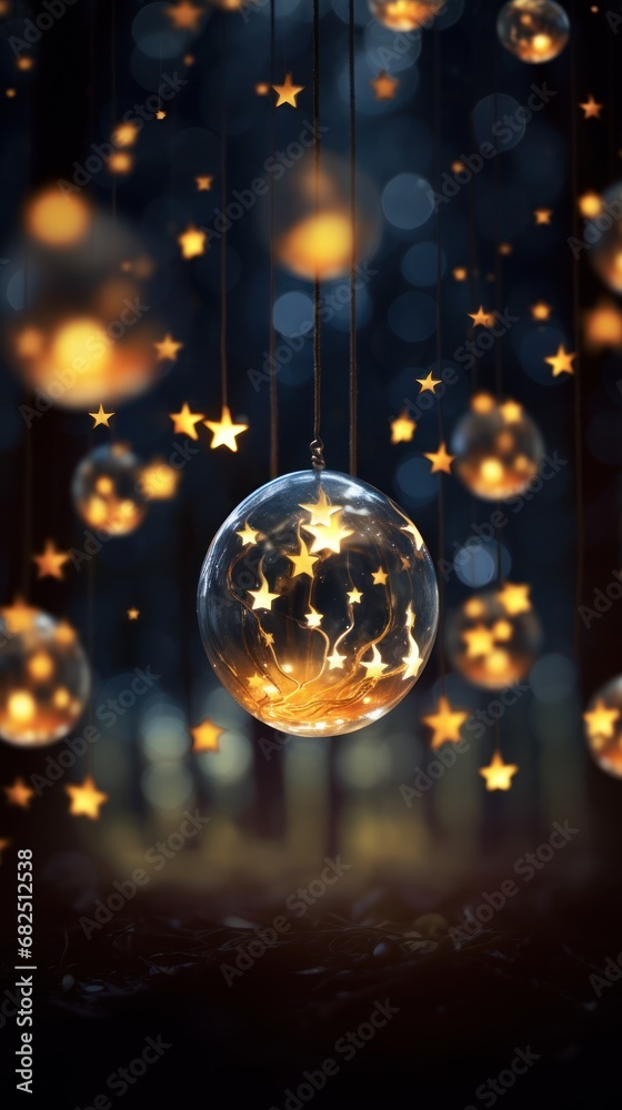  a christmas ornament hanging from a string with gold stars hanging from it's sides in front of a dark background with lights and stars hanging from the ceiling.