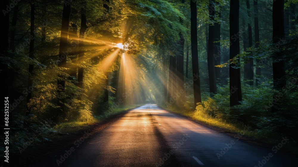 Asphalt road in the green forest with sunbeams and lens flare Asphalt road in the green forest with sunbeams and lens flare