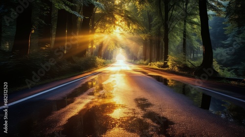 Asphalt road in the green forest with sunbeams and lens flare © DigitalMuseCreations