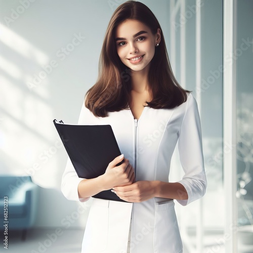 brunette, with hair below her shoulders, in a white nurse's suit, standing with a black folder in her hands, with a nice smile. In the background light and cozy interior of the office 