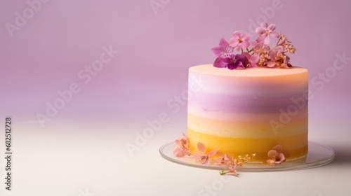  a close up of a cake on a plate with pink and yellow frosting and flowers on the top of the cake and the bottom layer of the cake is frosting.