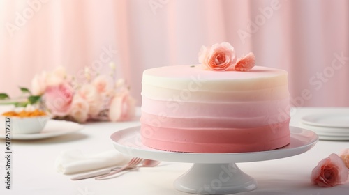  a close up of a cake on a plate on a table with pink flowers and a white plate with a fork and a white plate with a pink cake on it.