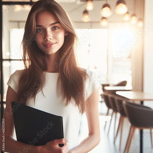 in a white nurse's suit, standing with a black folder in her hands, with a nice smile. In the background light and cozy interior of the office
