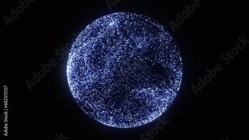 Bright glowing magic 3d sphere. Animated snow globe of glowing particles seamlessly flowing. Magic globe with snowflakes. Technology, science, engineering and artificial intelligence background. photo