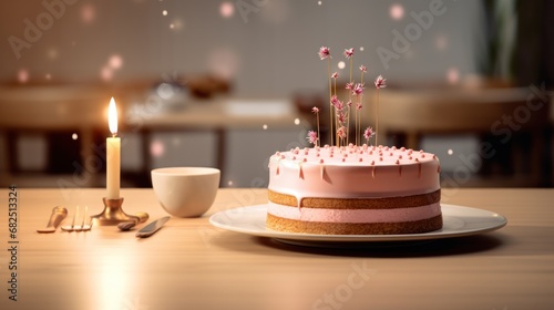  a pink cake sitting on top of a white plate next to a cup of coffee and a lit candle on top of a wooden table in front of a dining room.