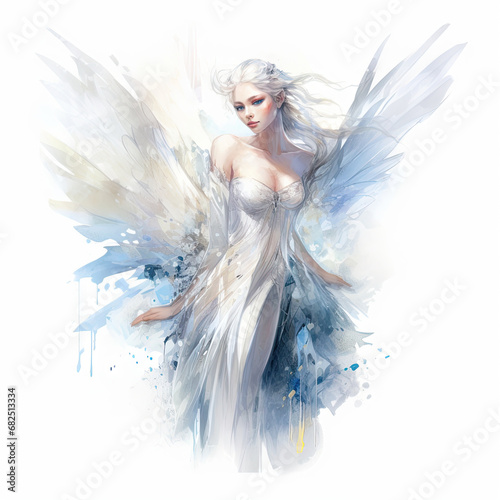 A watercolor painting of a fantasy woman with wings