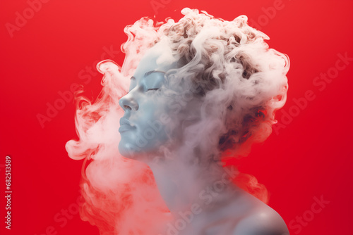 Whispers of Serenity, Enigma Unveiled in Mist, A woman head filled with steam on a red background, Smoke, cloud or soft mist. Generative ai