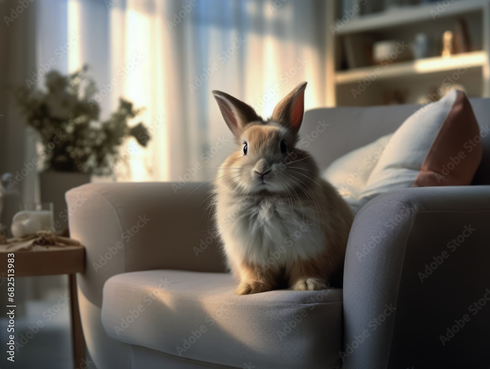 Cute white rabbit sitting on armchair at home