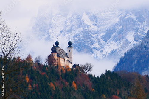 Aussicht auf das tote Gebirge, Frauenberg im Ennestal mit Wallfahrtskirche photo