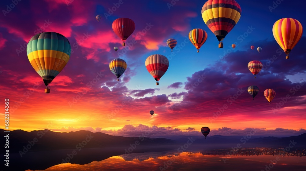 Fototapeta premium a group of hot air balloons flying in the sky over a mountain range at sunset with a pink and blue sky in the background and a few clouds in the foreground.