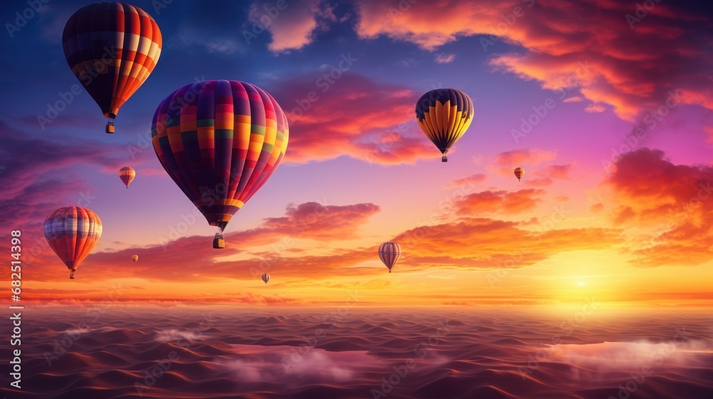 a group of hot air balloons flying in the sky over a body of water with a sunset in the background and a few clouds in the sky with a few clouds.