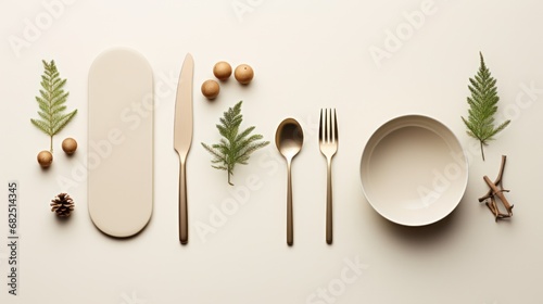  a table setting with utensils, spoons, plates, pine cones, and pine cones on a white background with a place setting for a fork, knife, spoon, knife, spoon, spoon and spoon.