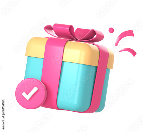 3d gift box with check mark icon illustration for UI UX web mobile apps social media ads design