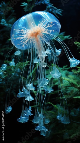  a close up of a jellyfish in a tank with plants in the background and a dark sky in the middle of the frame, with only one jellyfish in the water.