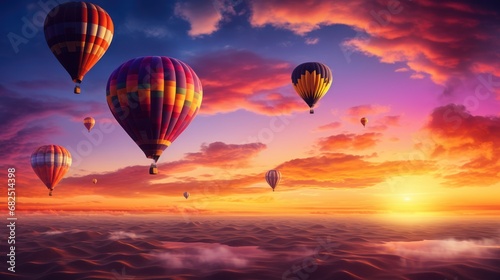  a group of hot air balloons flying in the sky over a body of water with a sunset in the background and a few clouds in the sky with a few clouds. © Olga