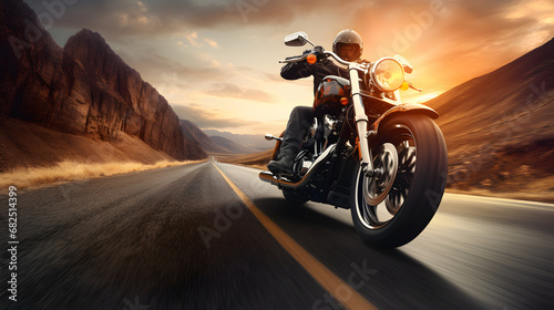 Powerful motorcycle front perspective on open road photo