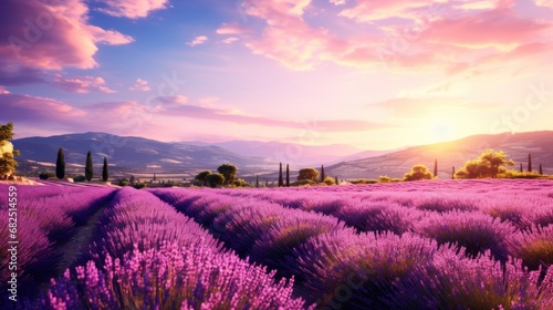 a field of lavender flowers with the sun setting over the mountains in the distance in the distance, there are trees, bushes, and mountains in the foreground.