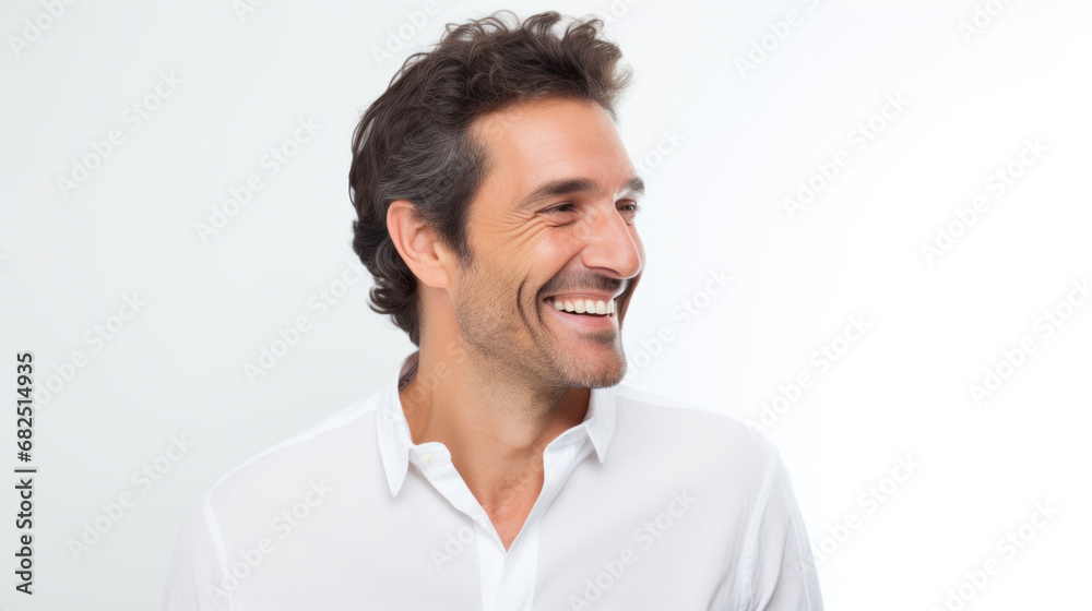 Portrait of a cheerful middle-aged man in a white shirt, smiling off-camera with confidence and ease Portrait of a cheerful middle-aged man in a white shirt, smiling off-camera with confidence and ease