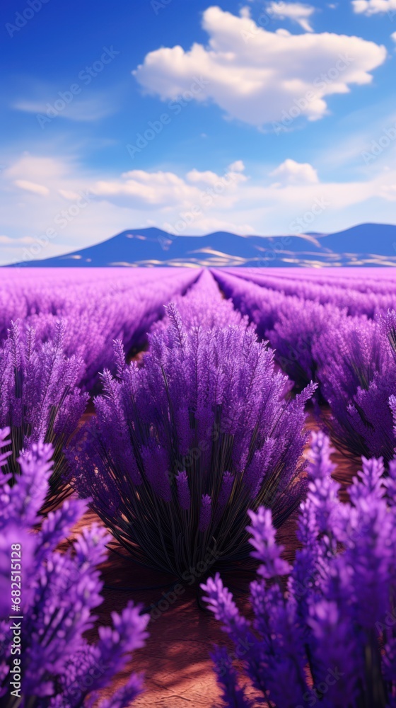  a field full of purple flowers under a blue sky with a mountain range in the distance in the distance is a blue sky with a few clouds in the distance.