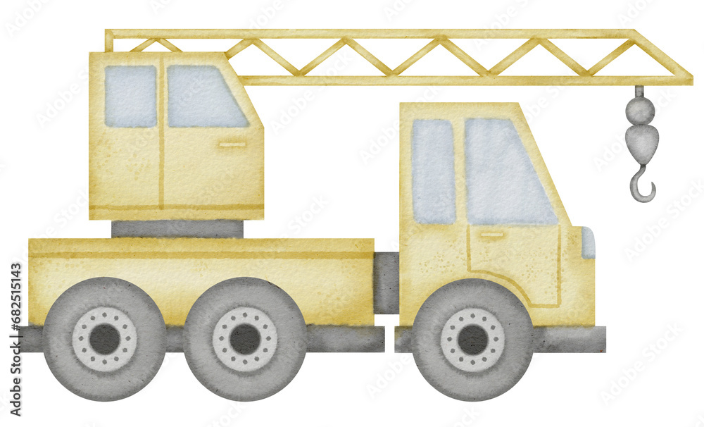 Truck Crane Watercolor illustration. Hand drawn clip art of baby toy yellow autocrane on isolated background. Drawing of auto mobile lifting. Sketch of a vehicle for construction.