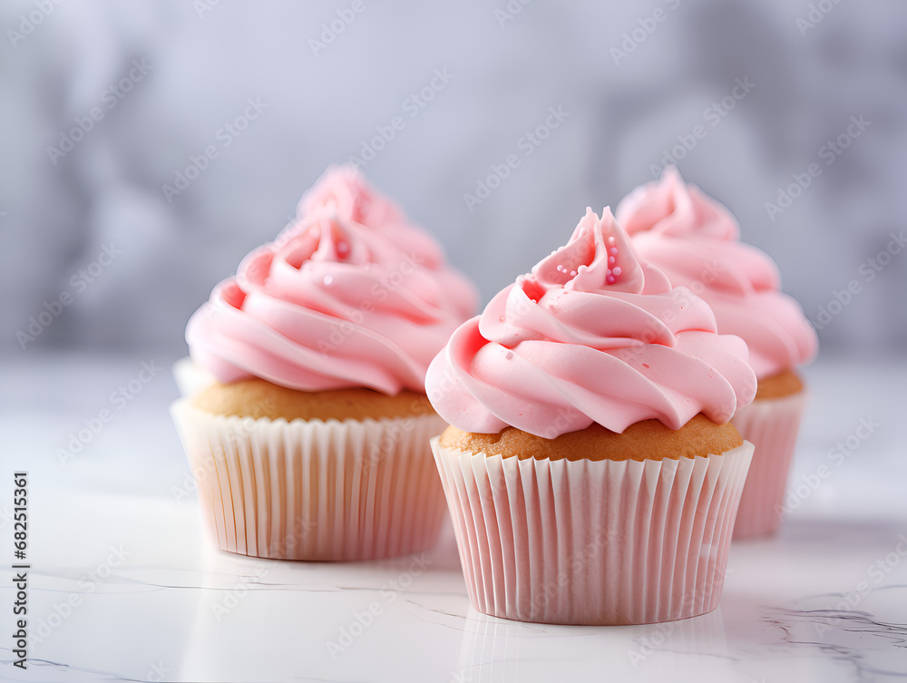Delicious vanilla cupcakes with pink frosting on top, white marble table with blurry bright background Delicious vanilla cupcakes with pink frosting on top, white marble table with blurry bright background