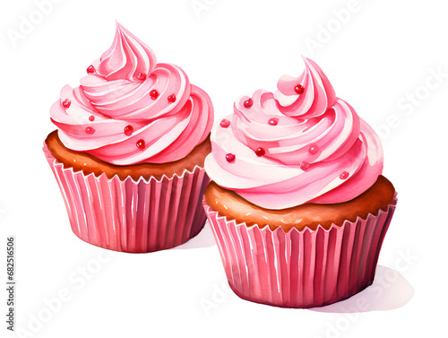 Watercolor illustration of a cupcakes with pink frosting on top  isolated on white background 