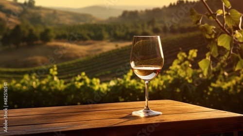  a glass of wine sitting on top of a wooden table in front of a scenic view of a valley and a vineyard with a few trees in the foreground.