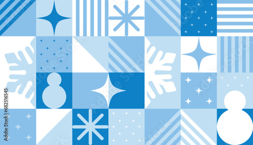 Abstract geometric seamless pattern. Winter elements and geometry shapes on blue tile background. Ornament for wrapping paper, banner, wallpaper