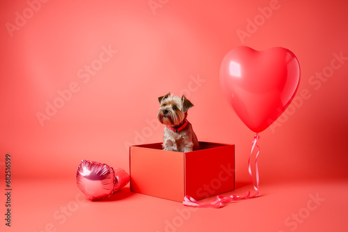 Little puppy in a giftbox, Valentine Day gift. Generative AI
