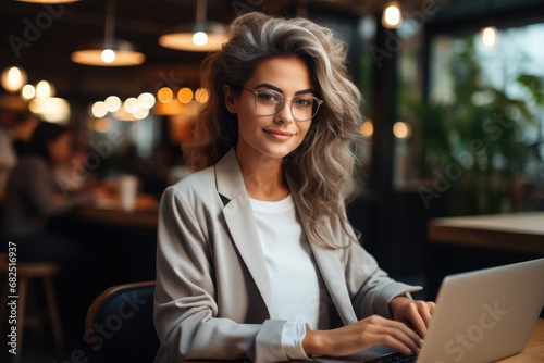 Beautiful woman with smooth healthy face skin working on a laptop in a cafe, Happy smiling.