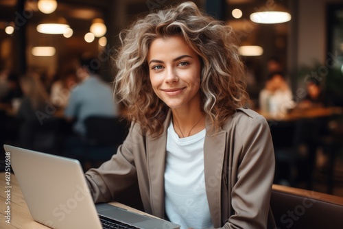 Beautiful woman with smooth healthy face skin working on a laptop in a cafe, Happy smiling. © visoot